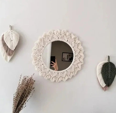 White Macrame Wall Hanging Dream Catcher Mirror - Leechoo